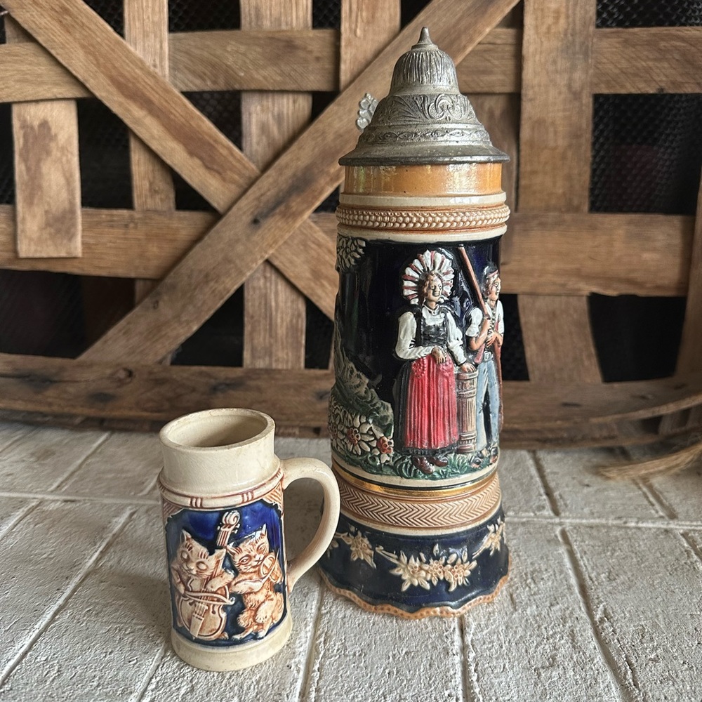 Antique Vintage German Beer Stein With Pewter Lid & Music Box and small stein 48
